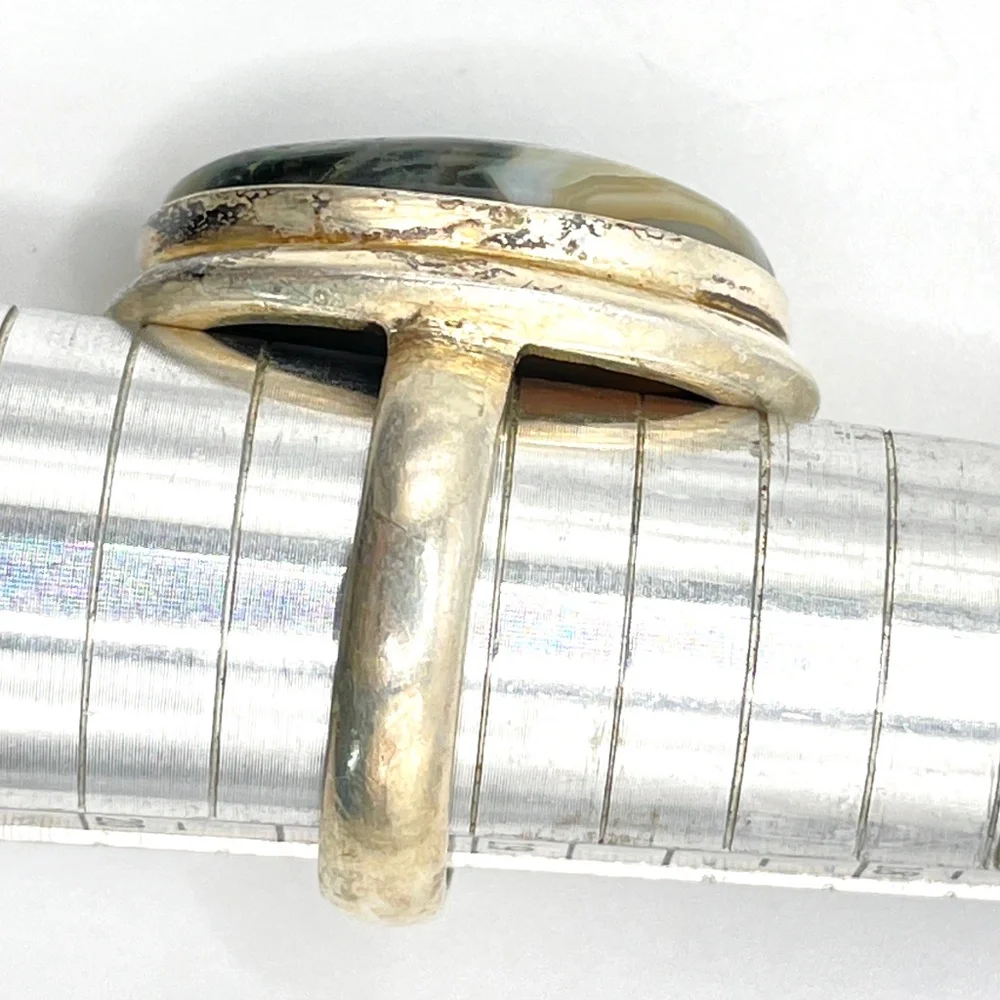 Vintage 925 Sterling Silver Moss Oval Cabochon Chunky Artisan Ring 9 1/4